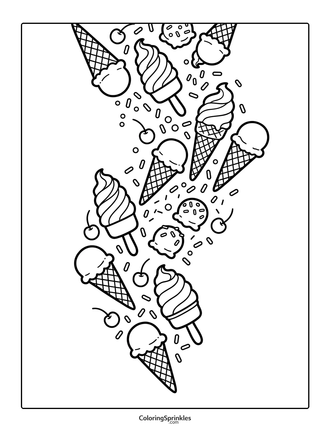 Coloring page of ice cream cones and popsicles with cherries and sprinkles