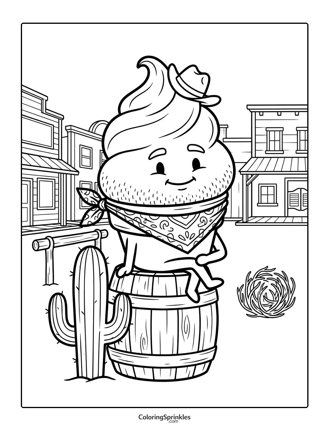 Coloring page of an ice cream character dressed as a cowboy sitting on a barrel in a western town