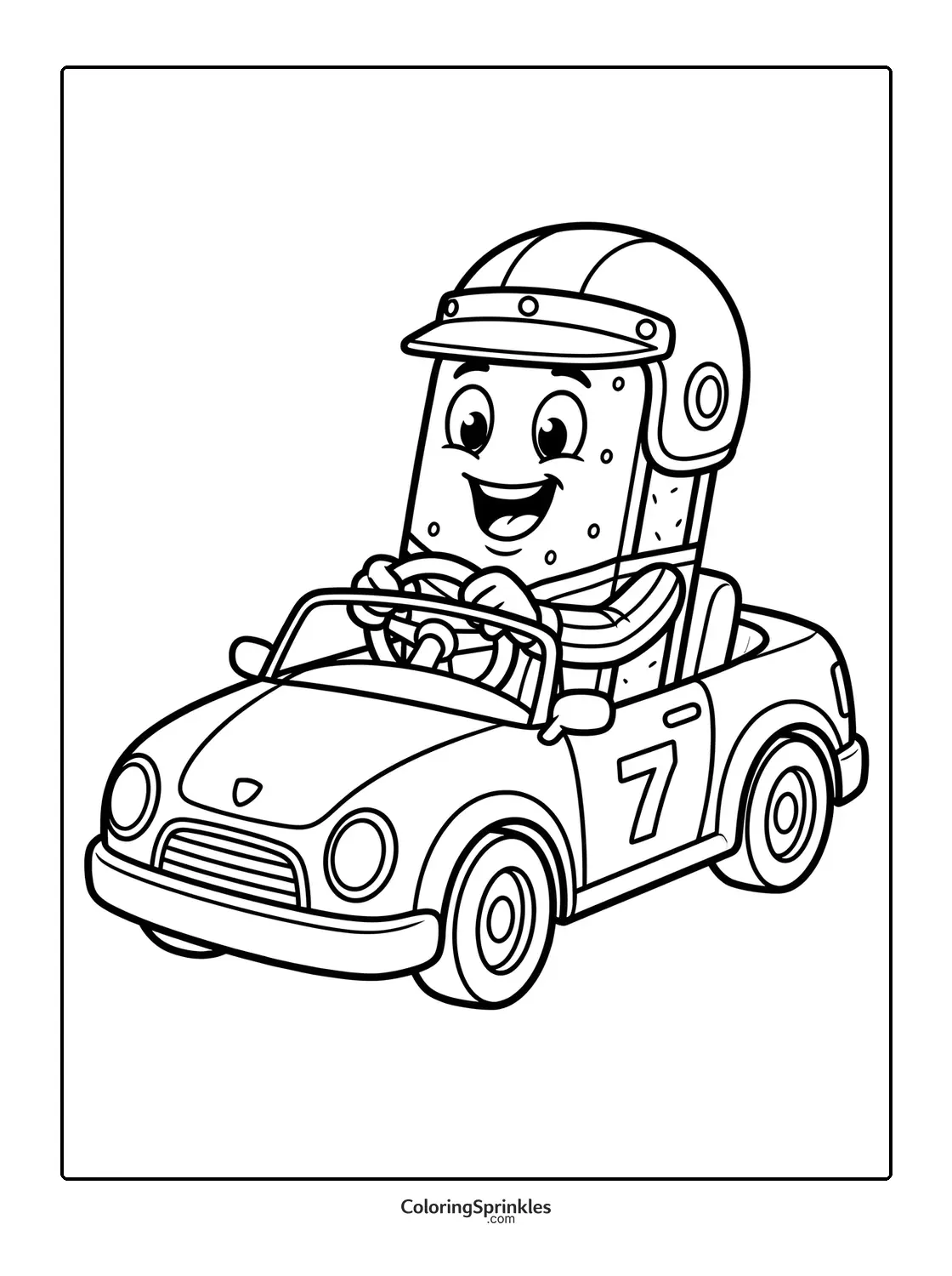Coloring page of an ice cream character driving a racing car wearing a helmet