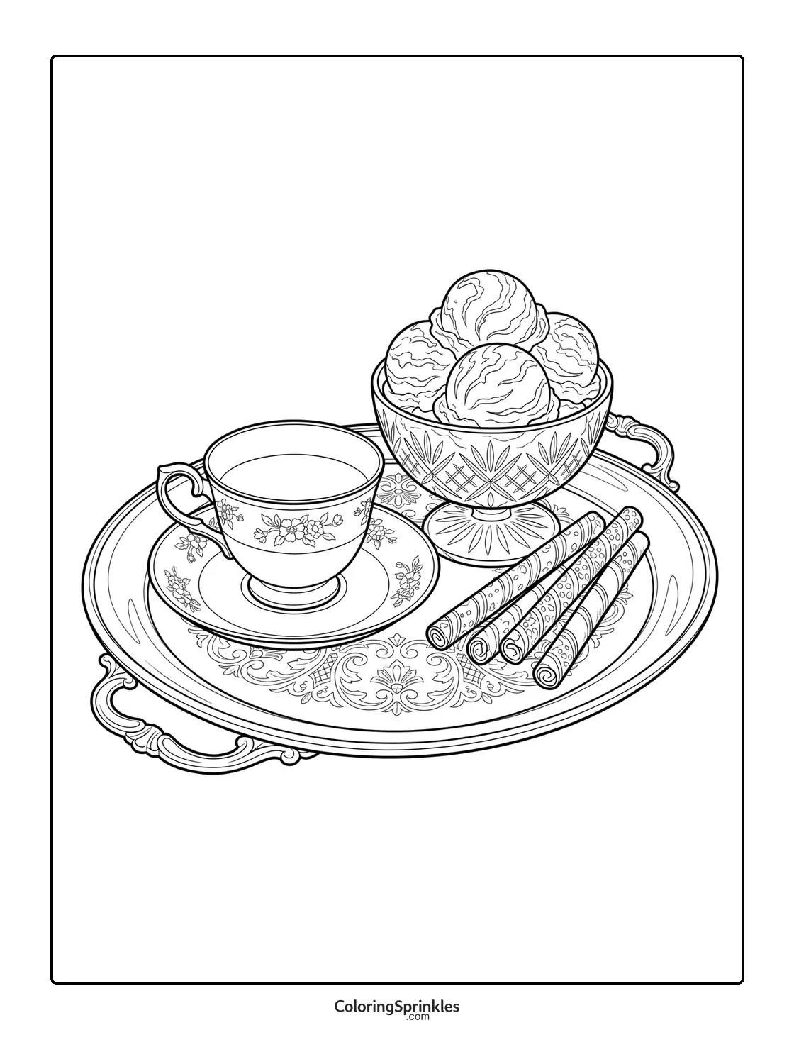 Coloring page of ice cream scoops in a bowl with a tea cup and wafer rolls on a decorative tray
