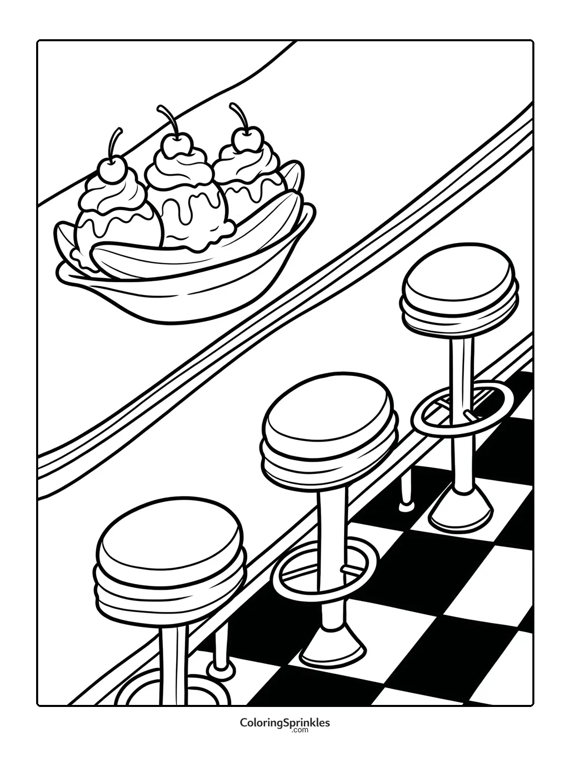 Coloring page of an ice cream sundae on a diner counter with stools and checkerboard floor