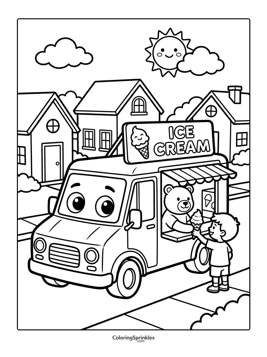 Coloring page of an ice cream truck with a bear serving a boy