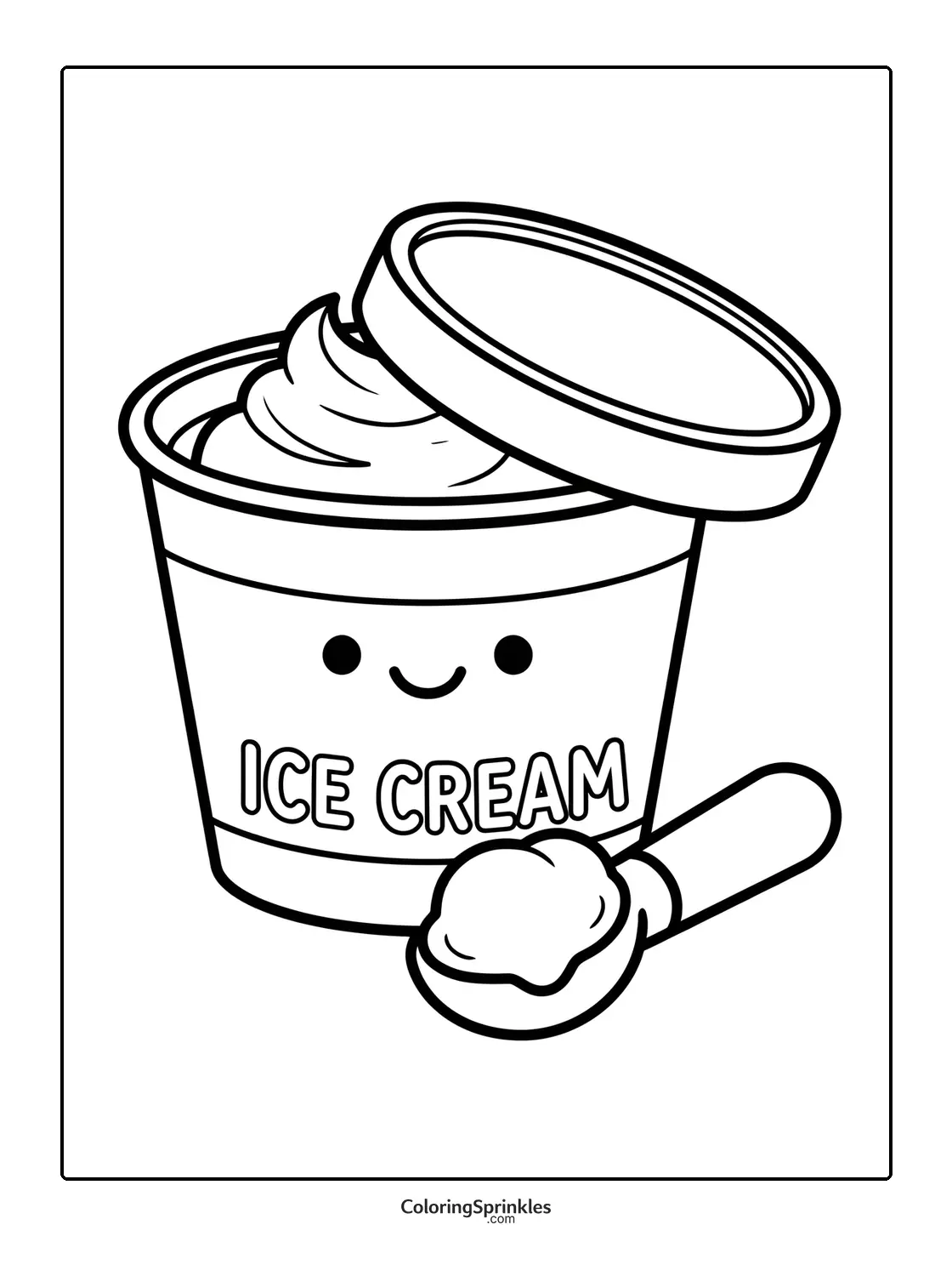 Coloring page of a smiling ice cream tub with a scoop