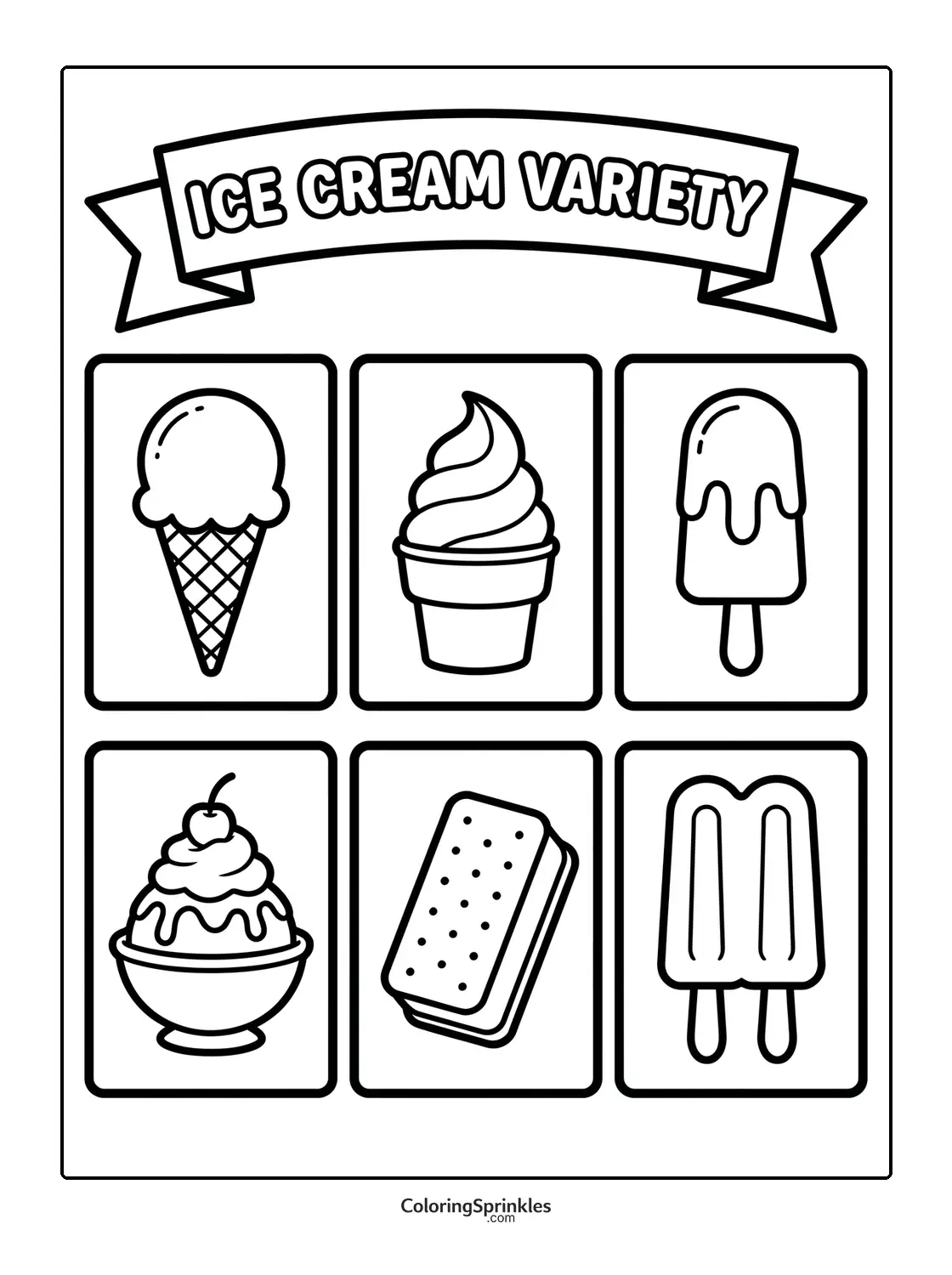 Coloring page of a variety of ice cream treats including cones, popsicles, and a sundae
