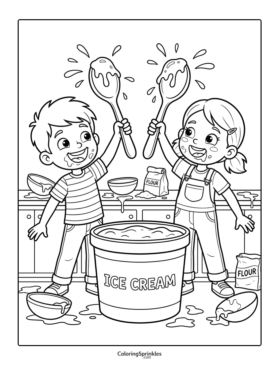 Coloring page of kids making ice cream in a messy kitchen