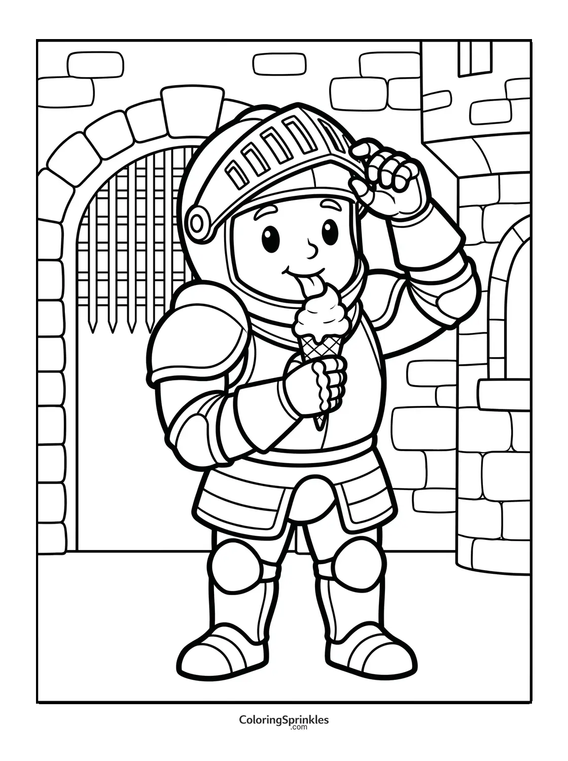 Coloring page of a knight eating ice cream near a castle gate
