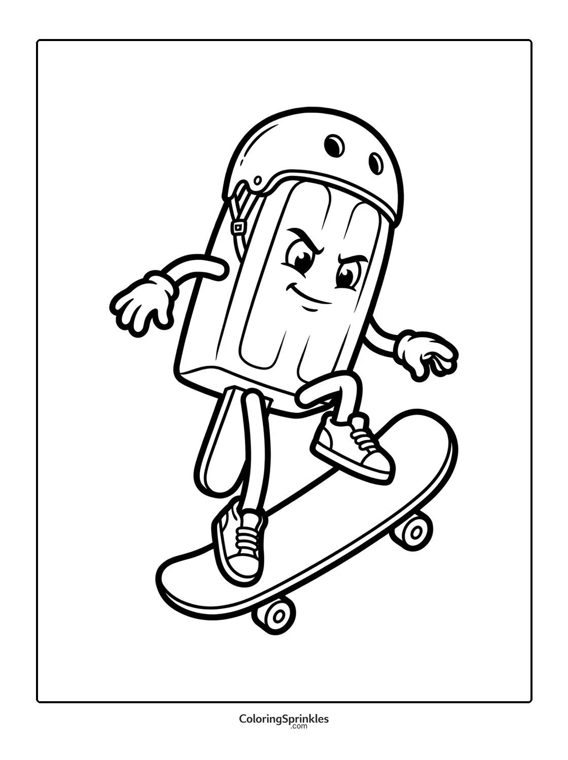 Coloring page of a popsicle character skateboarding with a helmet and sneakers