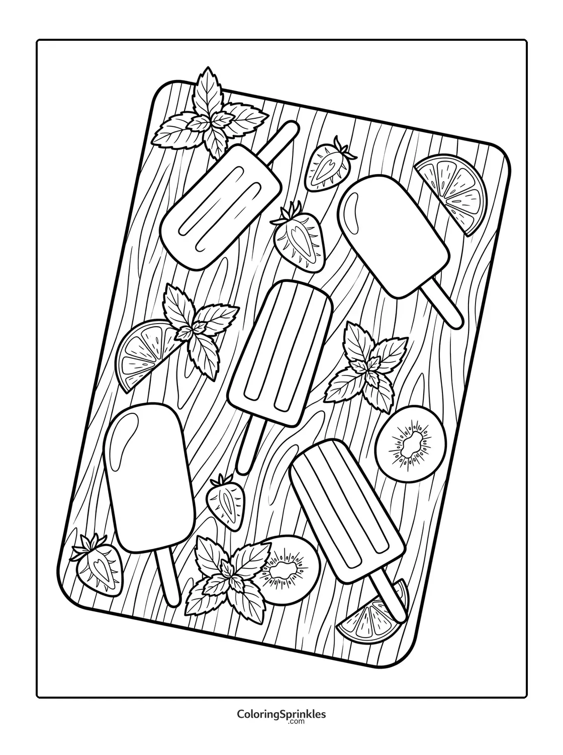 Coloring page of popsicles with fruits and mint leaves on a wooden board