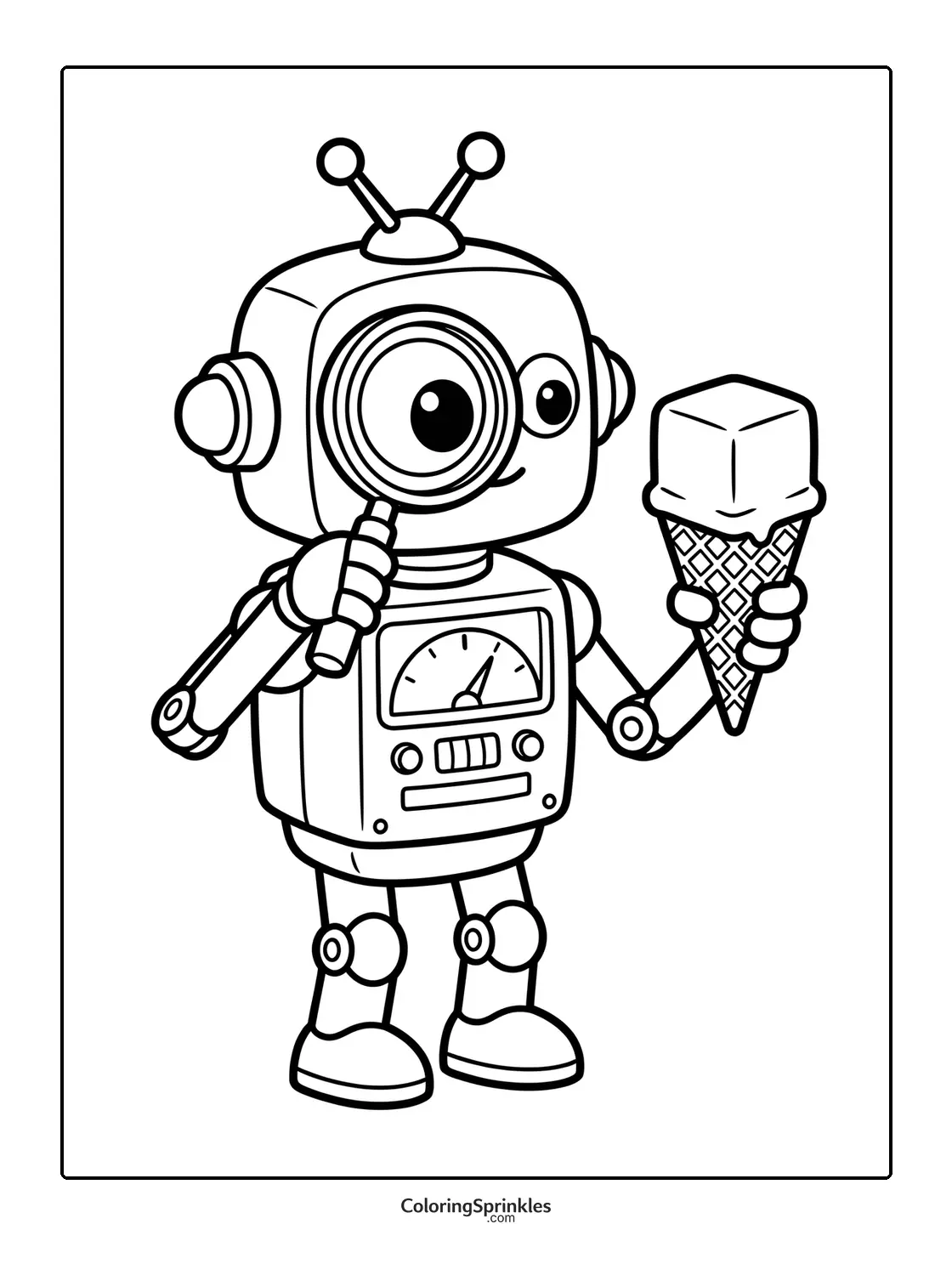 Coloring page of a robot holding a magnifying glass and an ice cream cone
