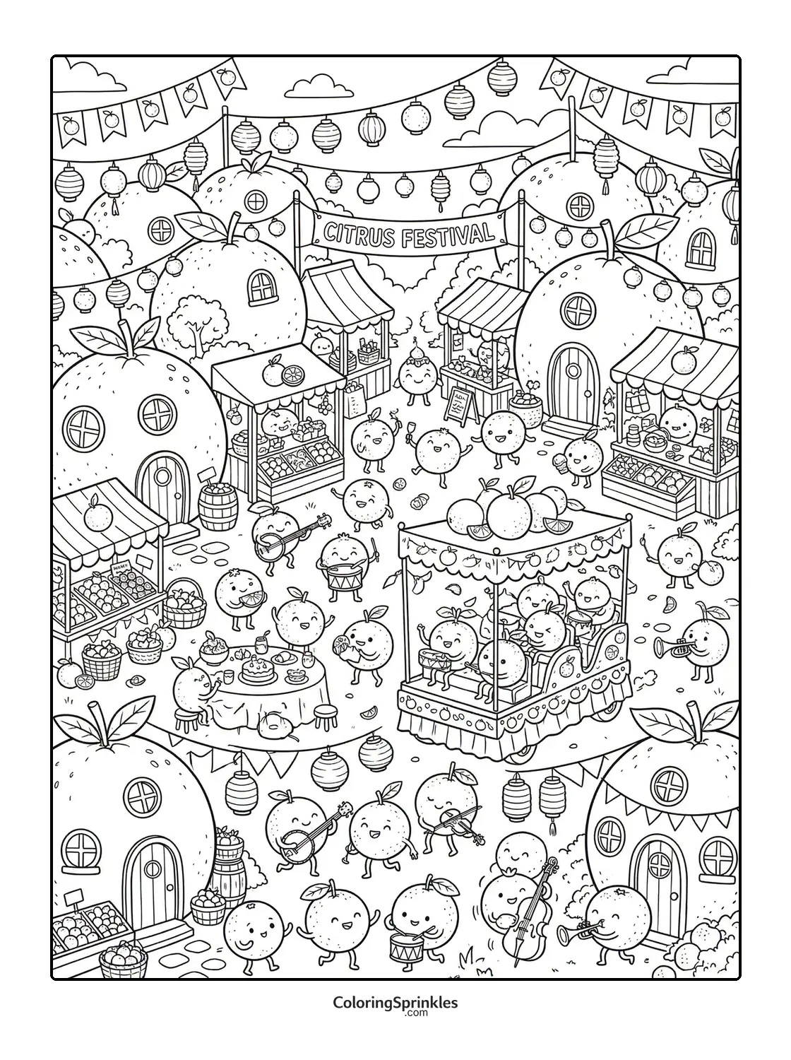Coloring page of a citrus festival with orange characters playing music and enjoying food