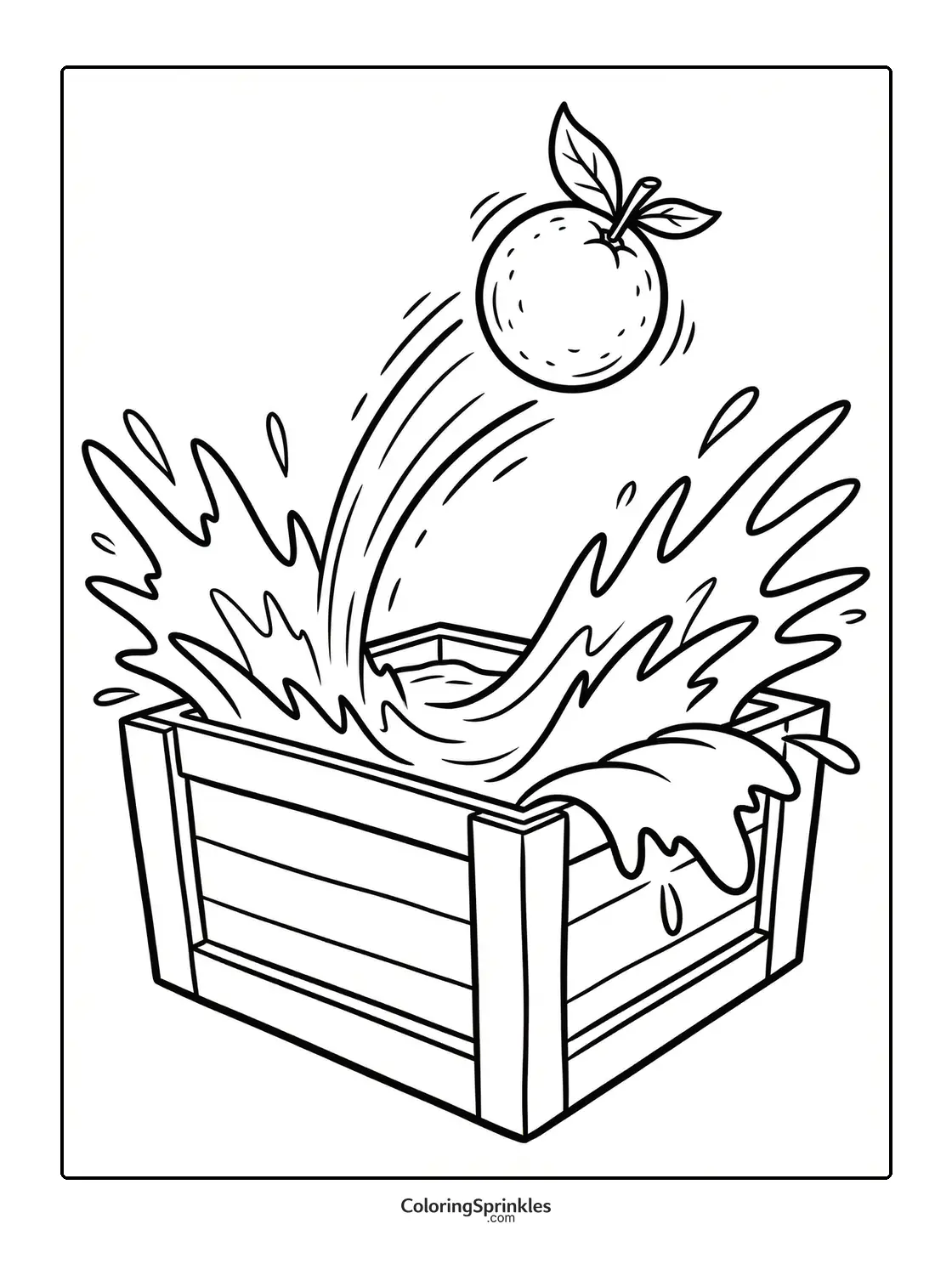 Coloring page of an orange fruit splashing into a crate of water