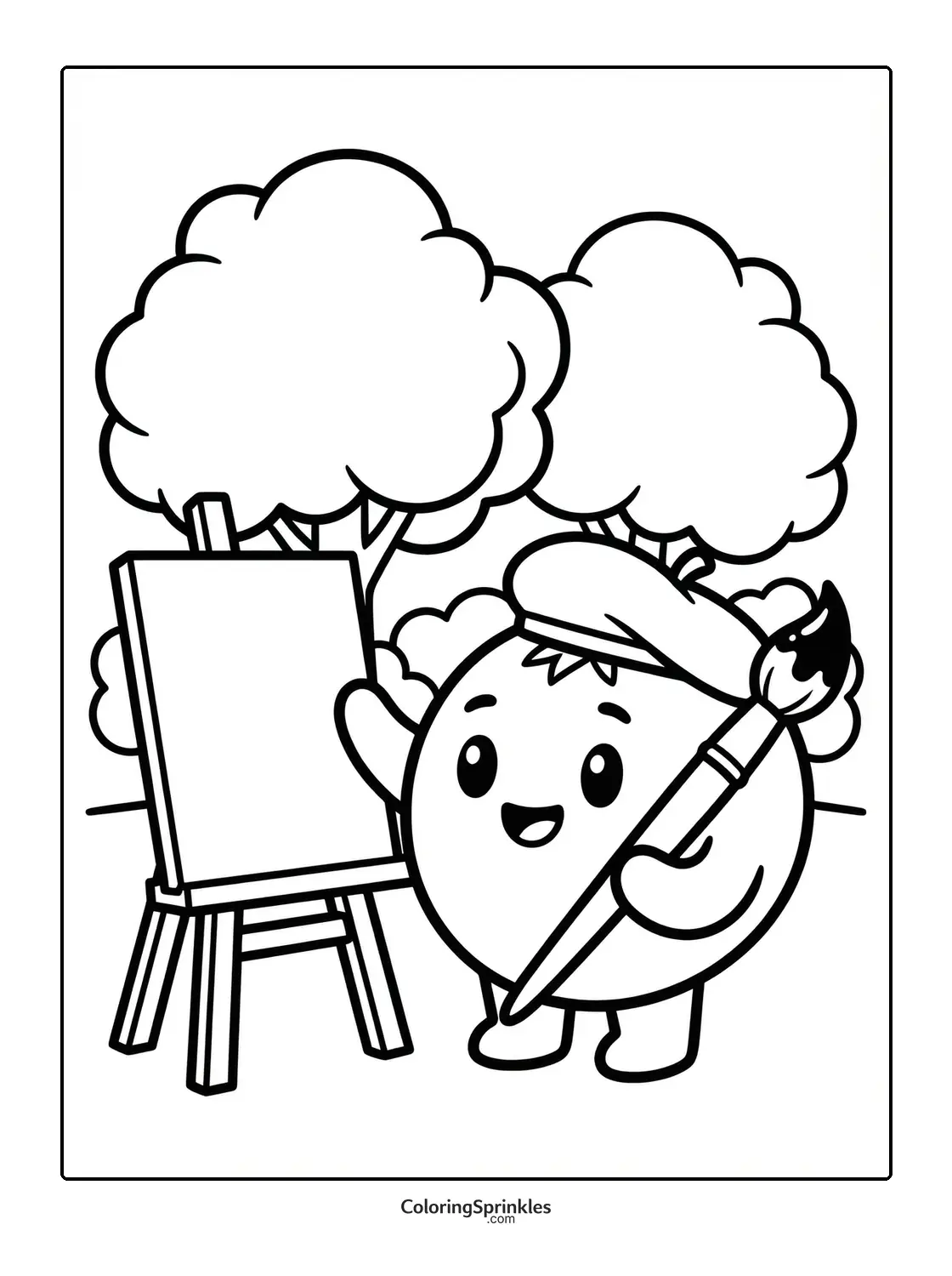 Coloring page of a cute artist character with a paintbrush and easel outdoors