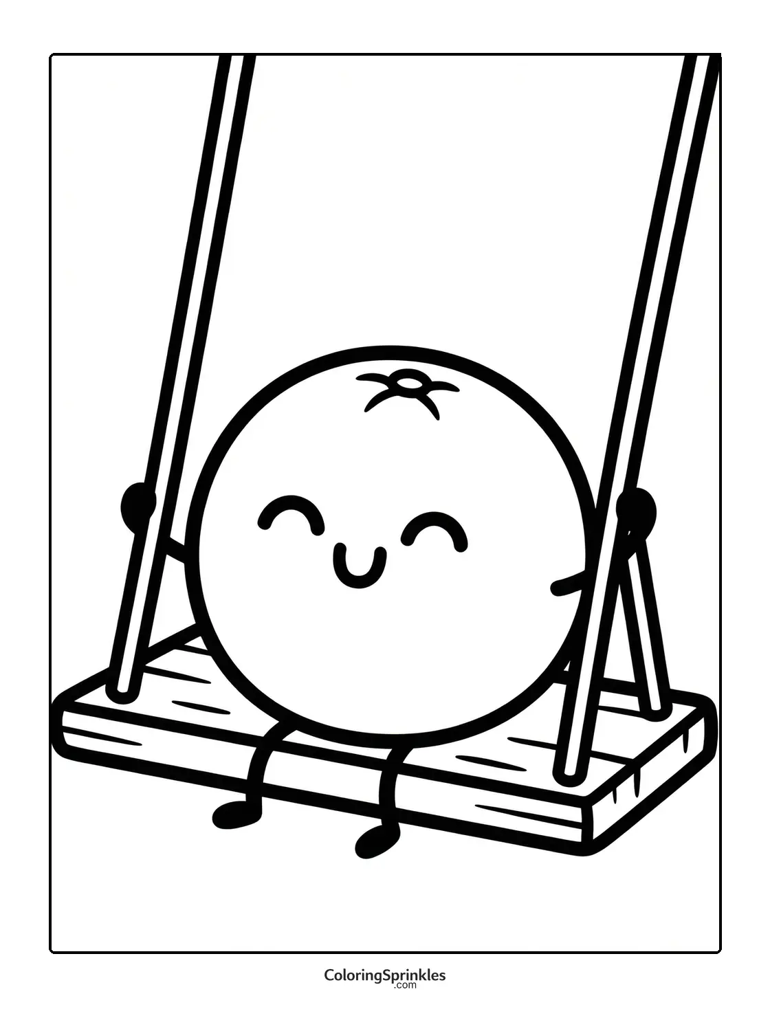 Coloring page of a cute orange fruit sitting on a swing smiling