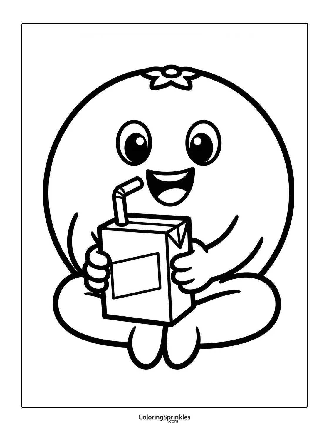Coloring page of a cute orange holding a juice box with a straw