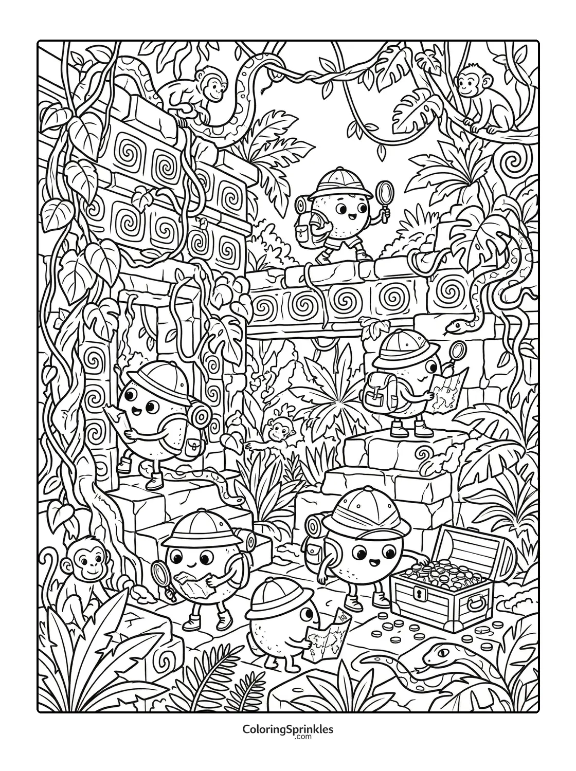 Coloring page of explorers searching for treasure in jungle ruins with monkeys