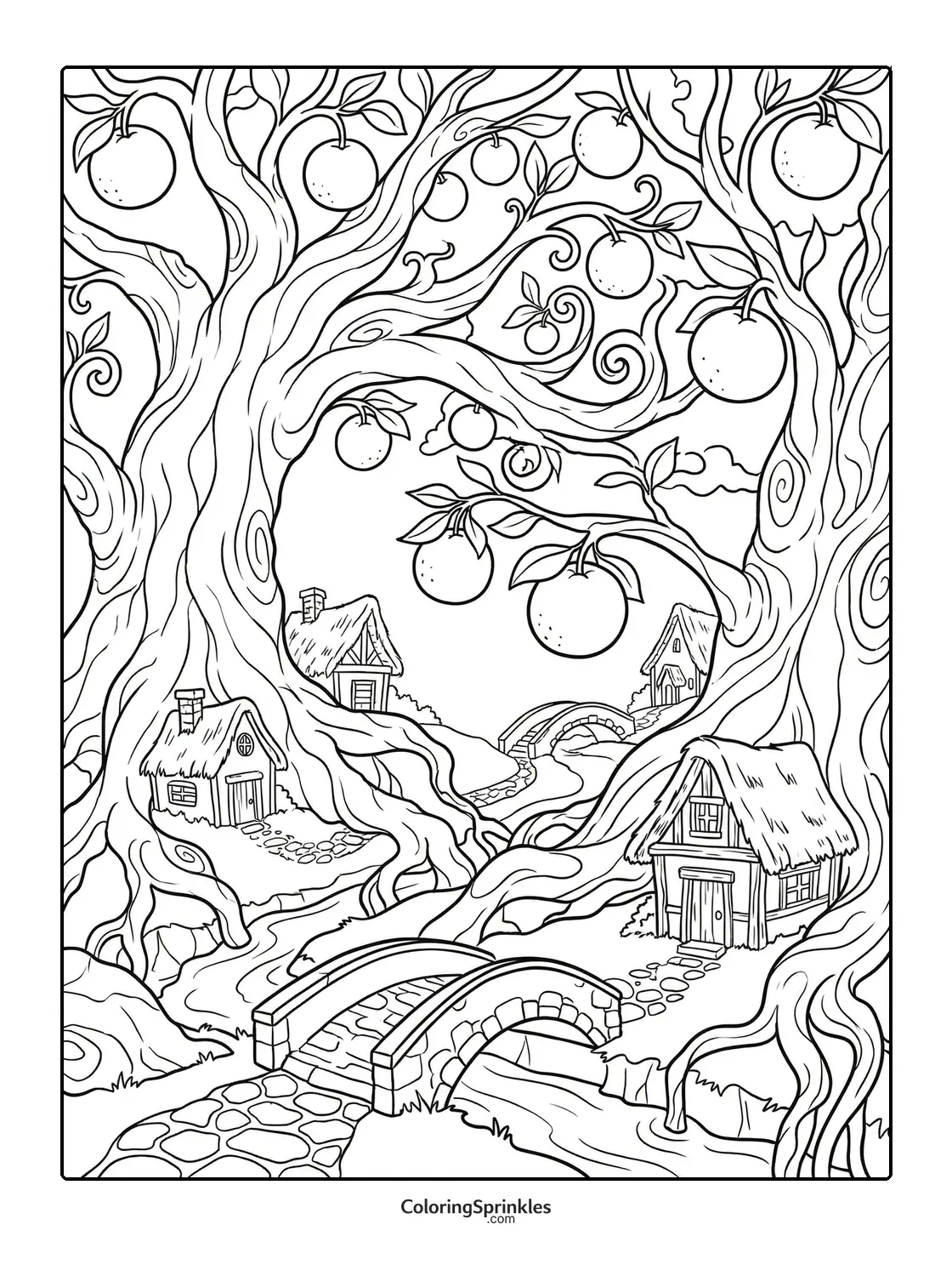 Coloring page of a fantasy village with orange trees and a stone bridge