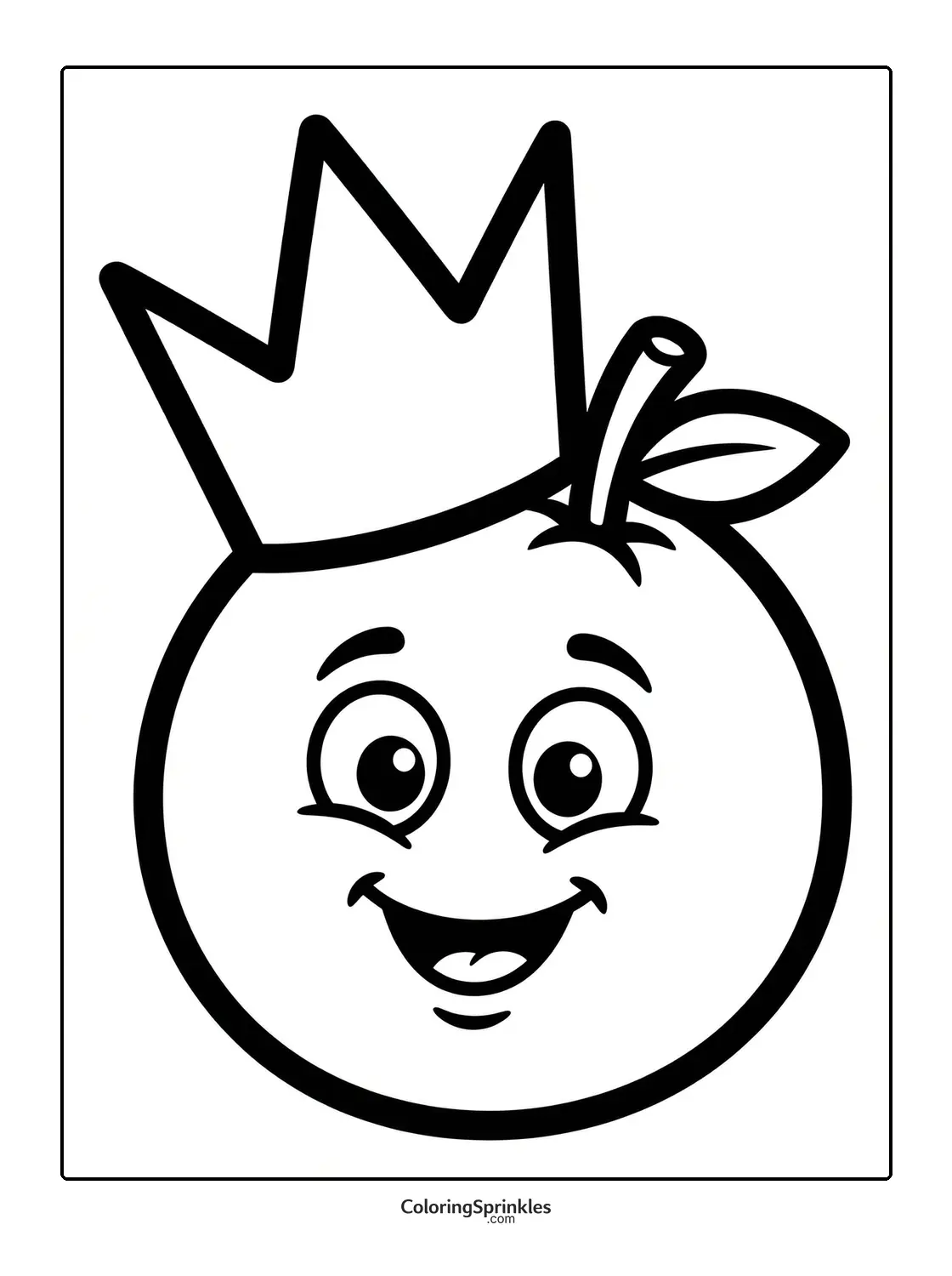 Coloring page of a happy orange wearing a crown with a leaf and stem