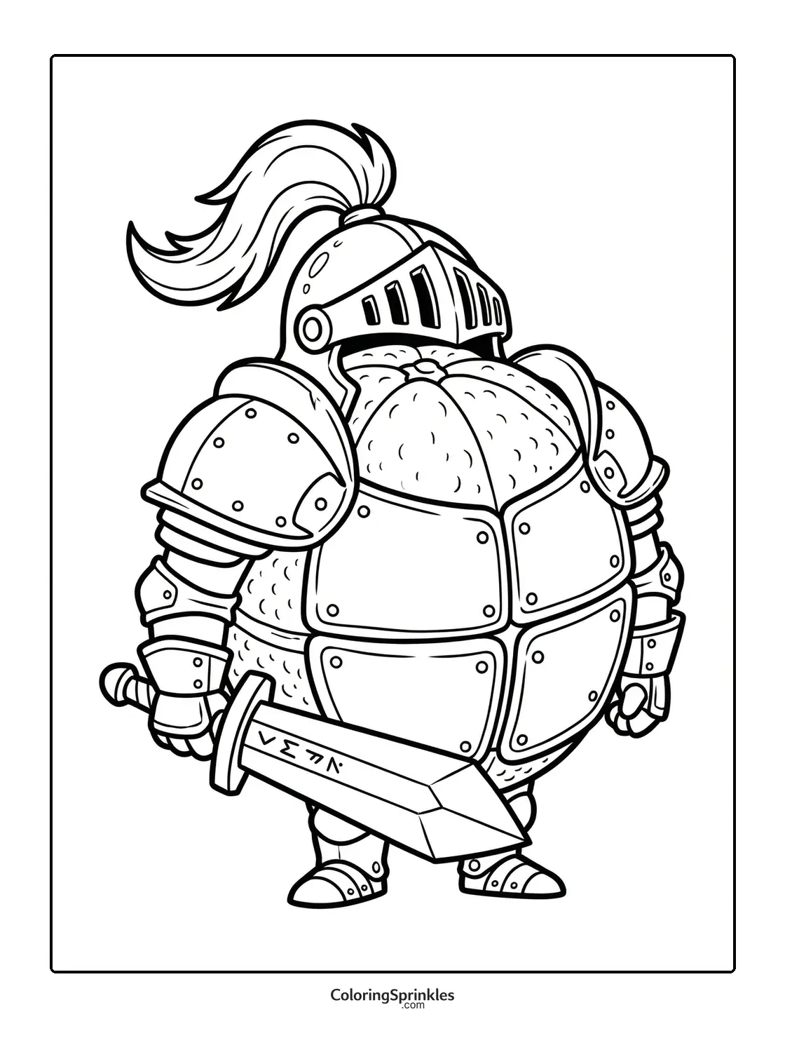 Coloring page of a turtle dressed as an armored knight holding a sword