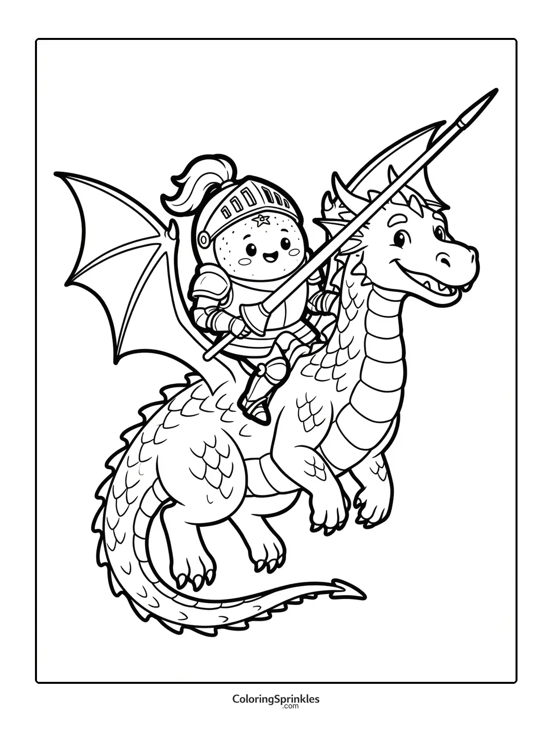 Coloring page of a knight riding a dragon holding a lance