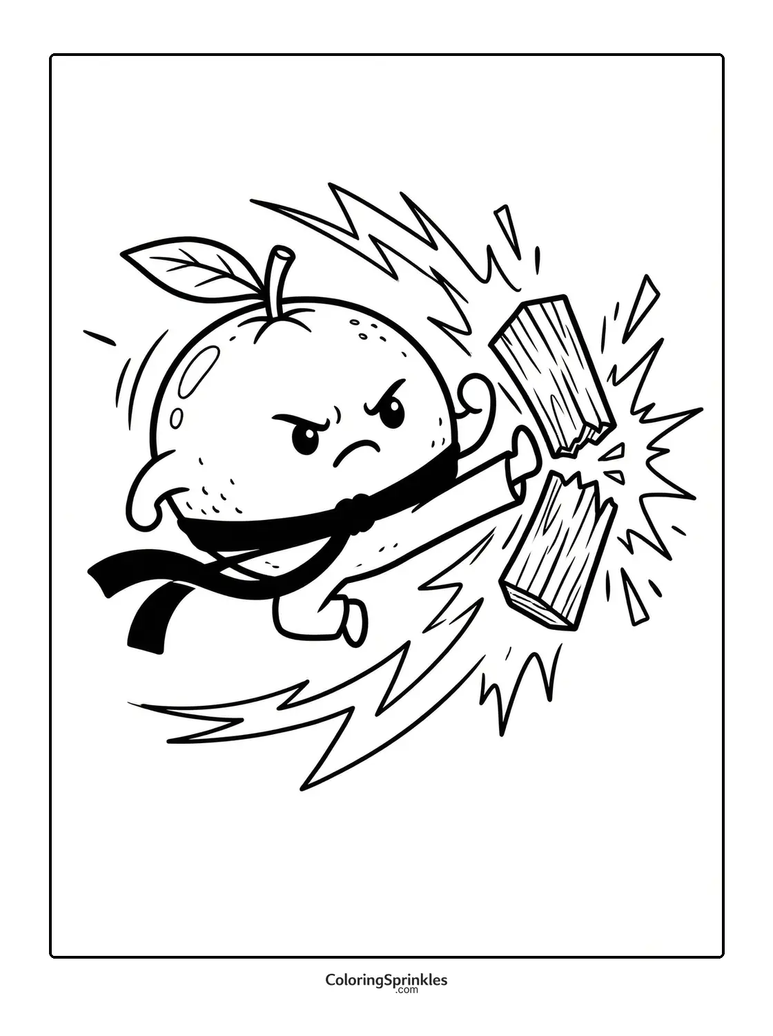 Coloring page of a ninja orange fruit breaking wood with a kick