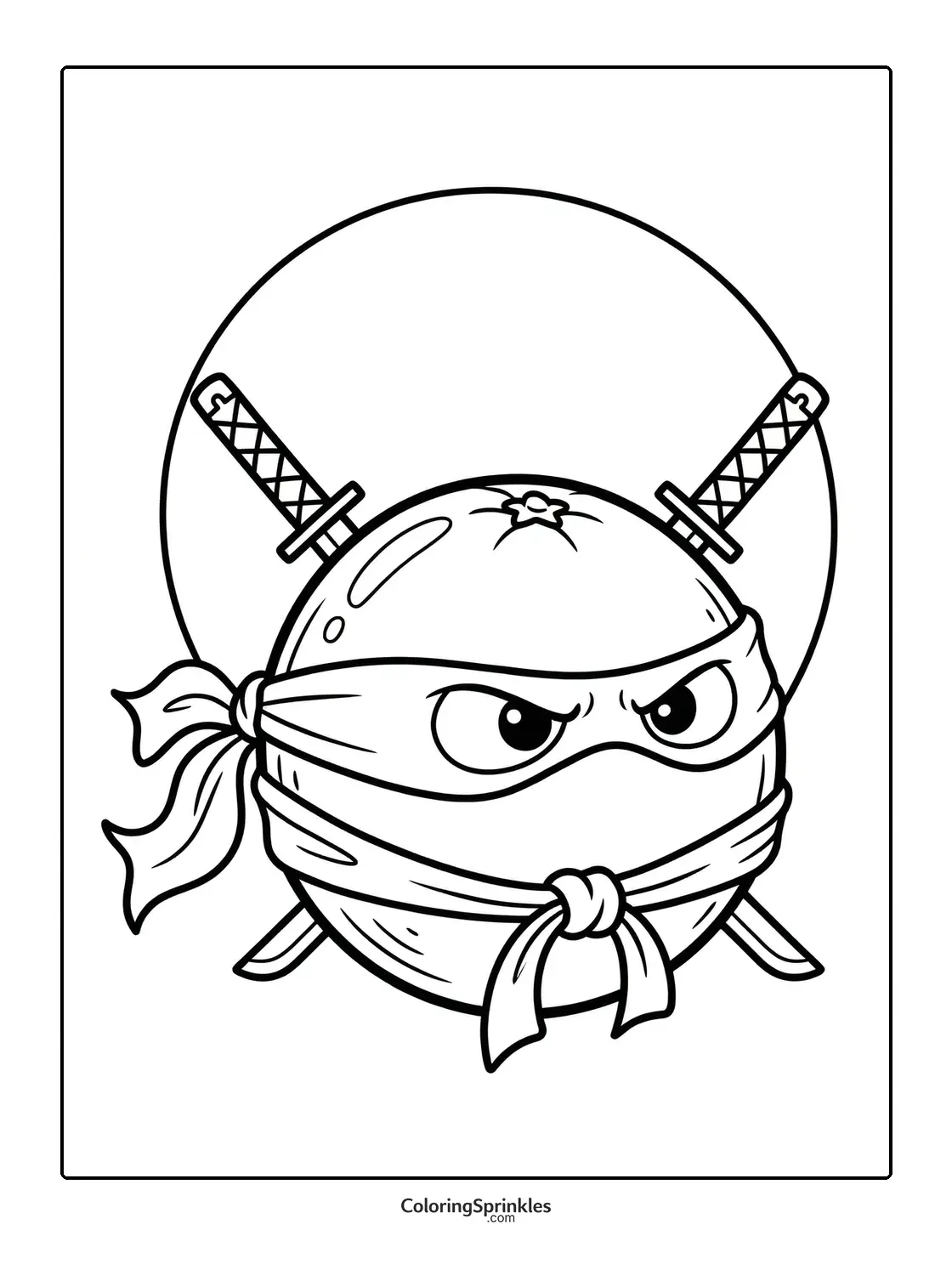 Coloring page of a ninja tomato with swords and a circle background