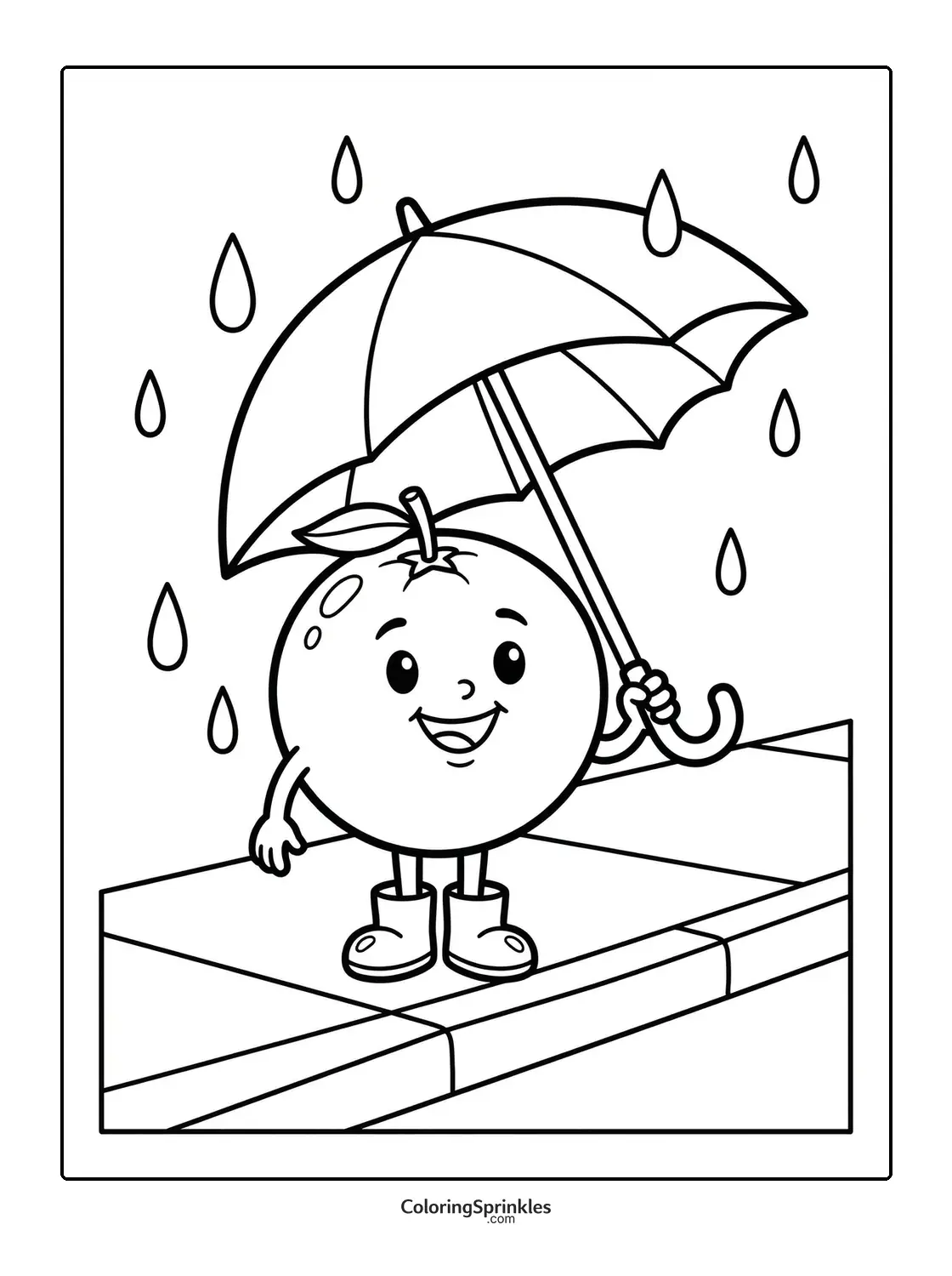 Coloring page of an orange character holding an umbrella in the rain on a sidewalk