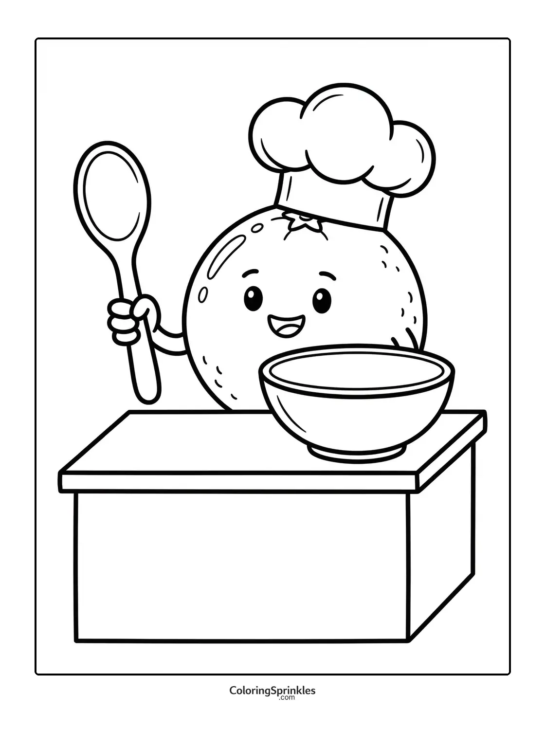 Coloring page of an orange wearing a chef hat holding a spoon by a bowl