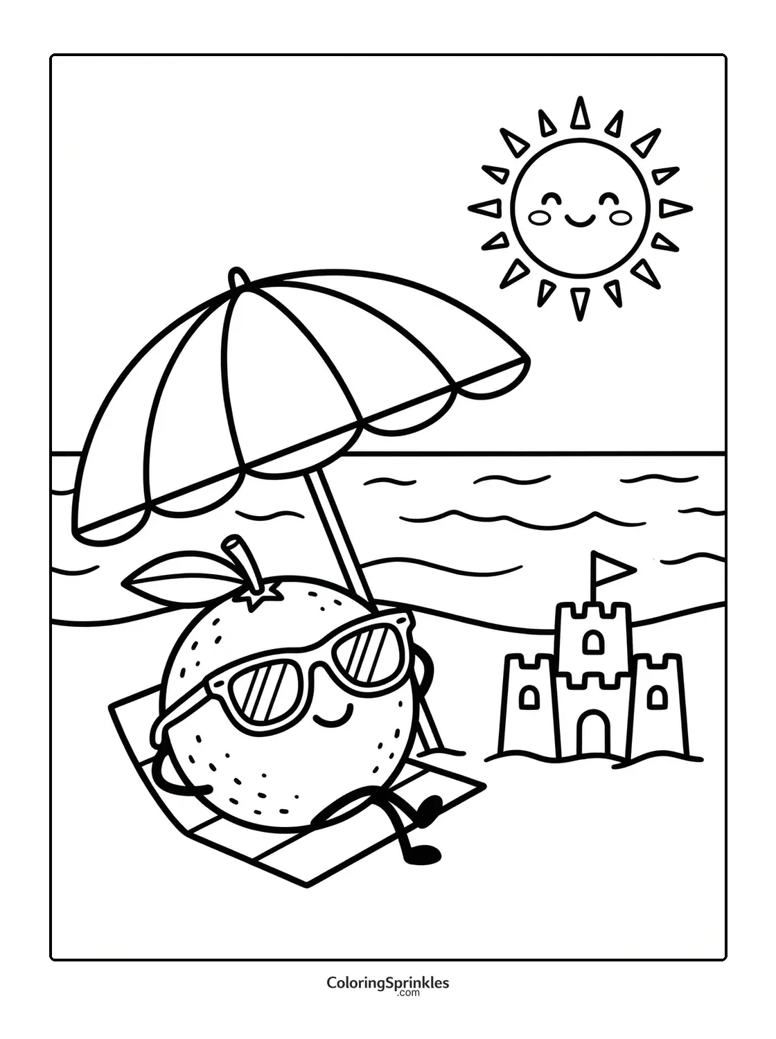 Coloring page of an orange fruit wearing sunglasses relaxing on a beach towel under an umbrella near a sandcastle