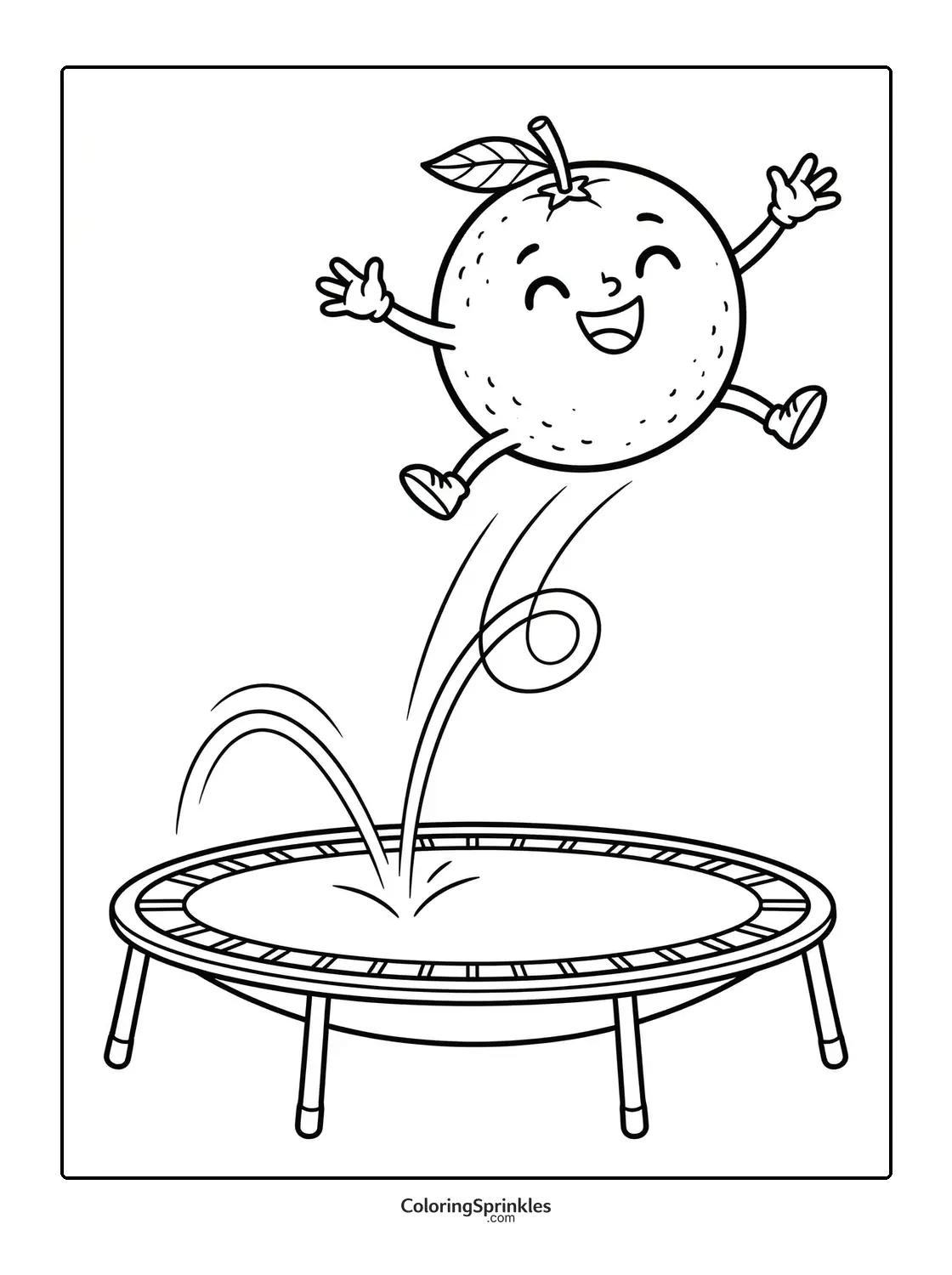 Coloring page of a happy orange fruit jumping on a trampoline