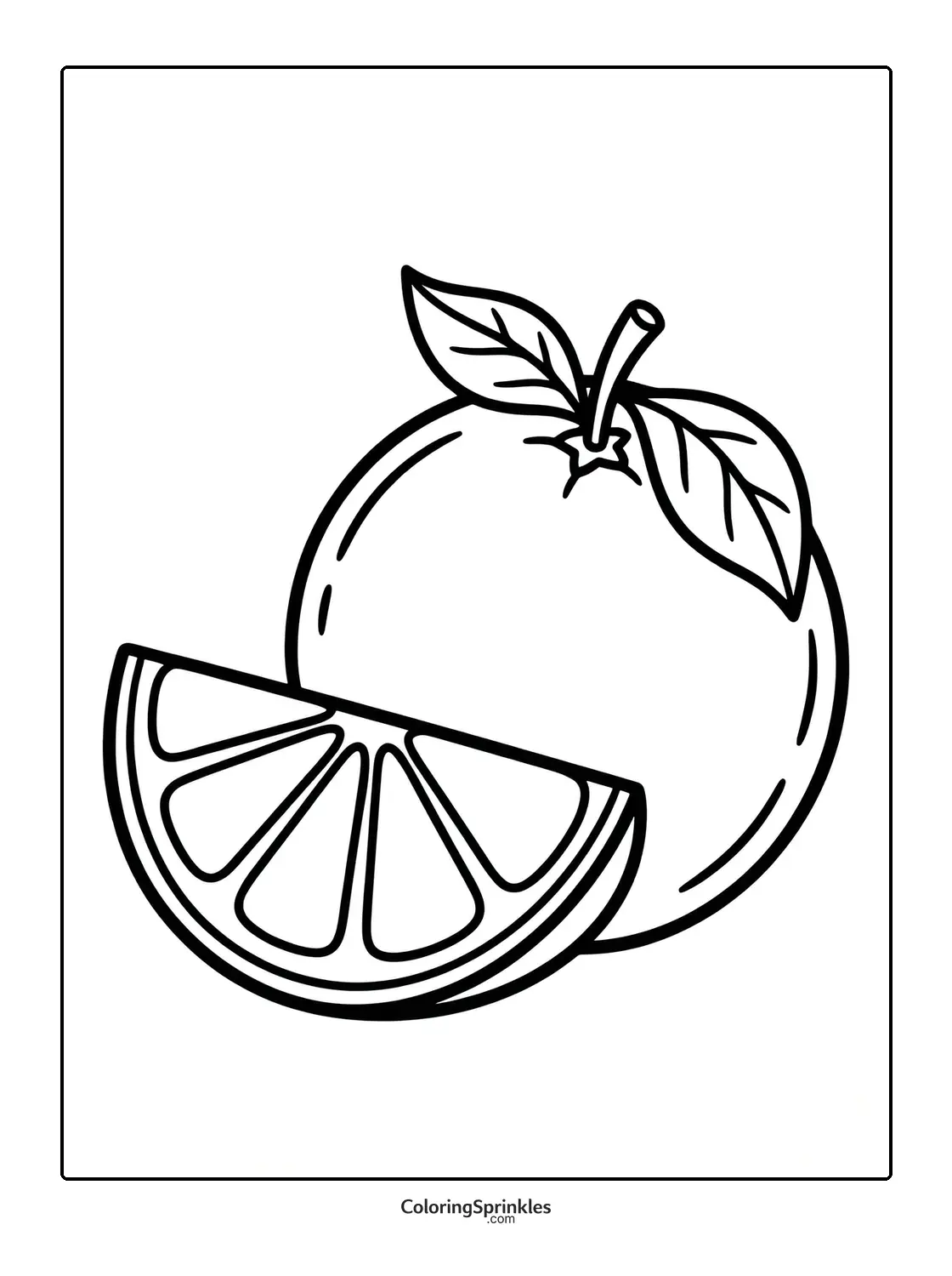Coloring page of an orange fruit with a slice and leaves