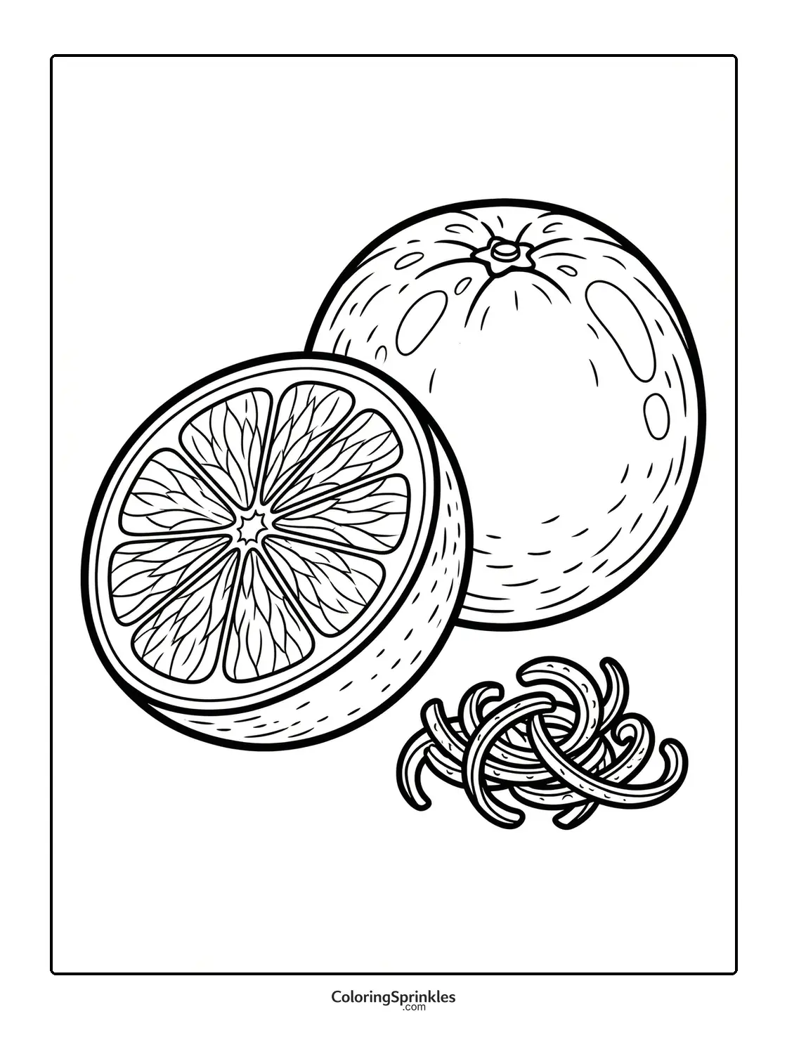 Coloring page of an orange fruit with a half slice and peel
