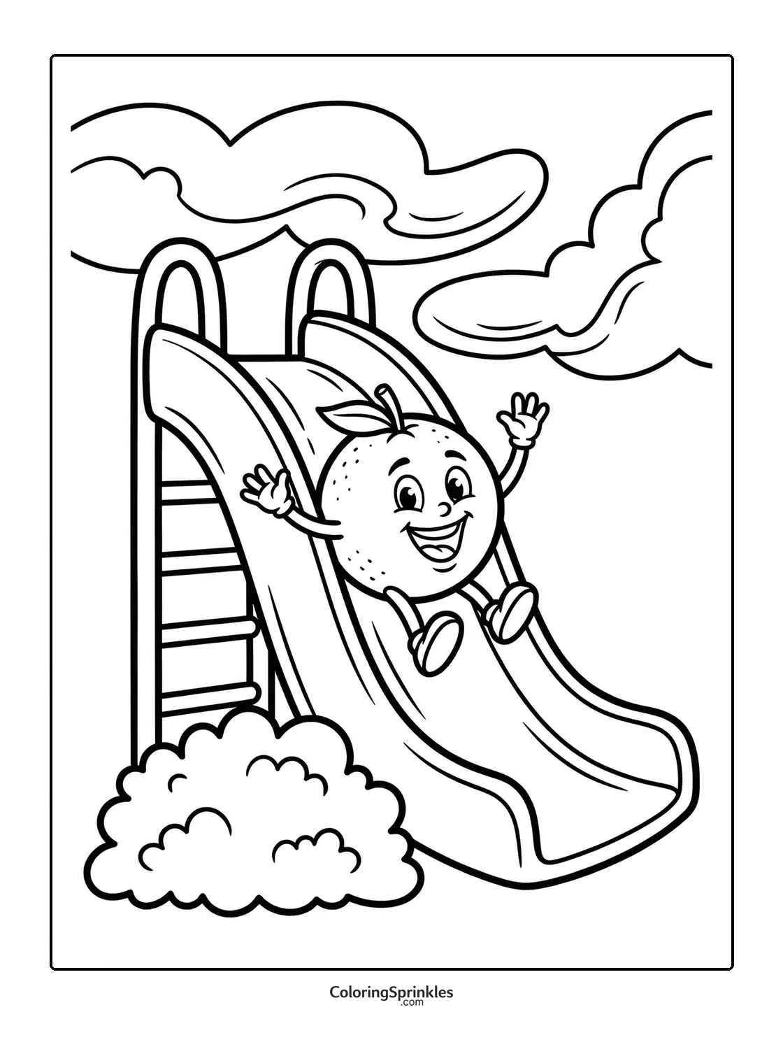 Coloring page of a happy orange fruit sliding down a playground slide