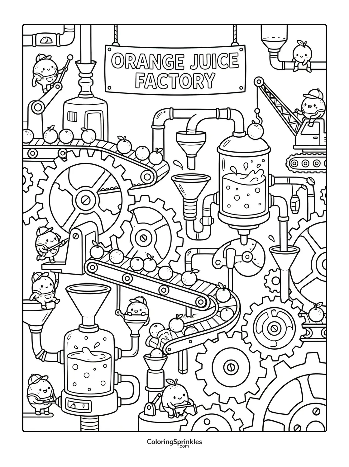 Coloring page of an orange juice factory with conveyor belts and gears