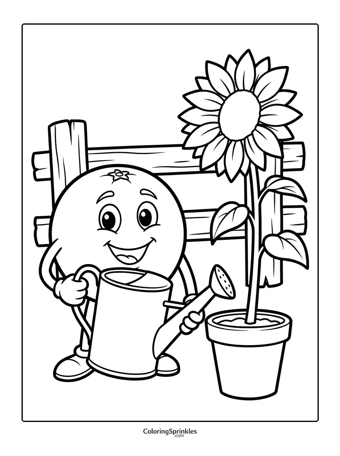 Coloring page of an orange character watering a sunflower in a pot by a wooden fence