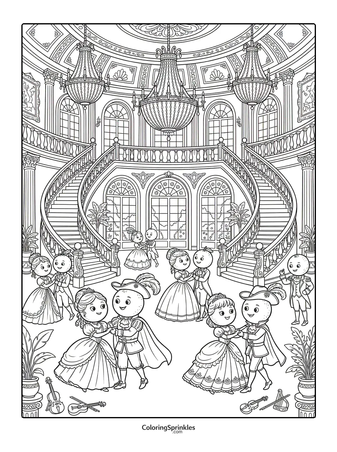 Coloring page of princesses and princes dancing in a grand ballroom with double staircases
