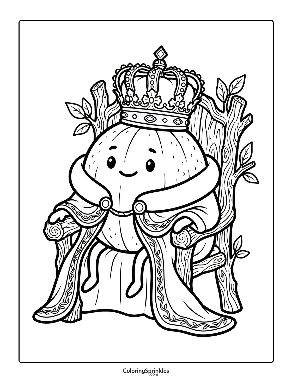 Coloring page of a pumpkin king wearing a crown sitting on a wooden throne