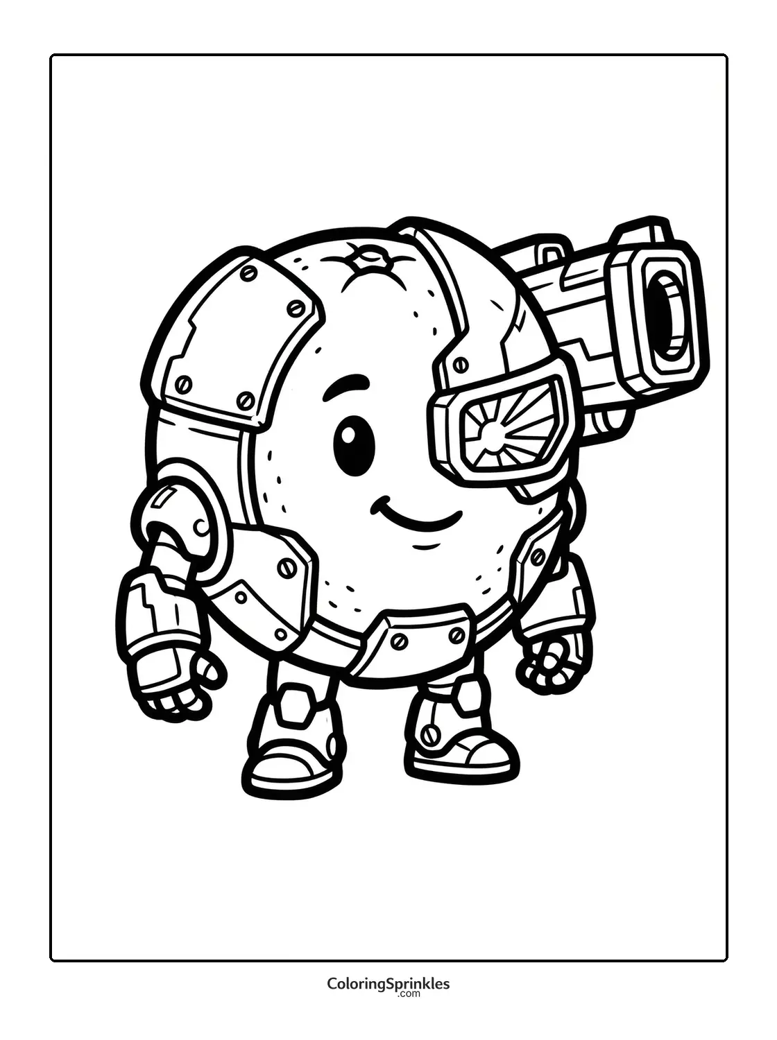 Coloring page of a robotic spherical character with a cybernetic arm and visor