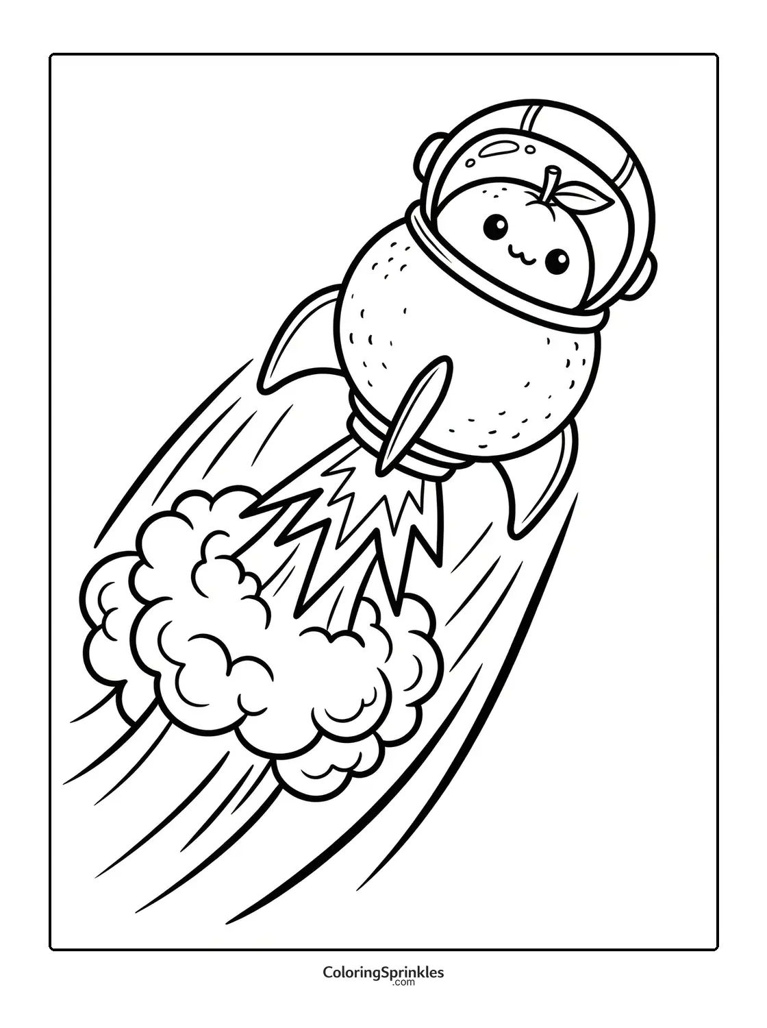 Coloring page of a rocket shaped like an orange flying