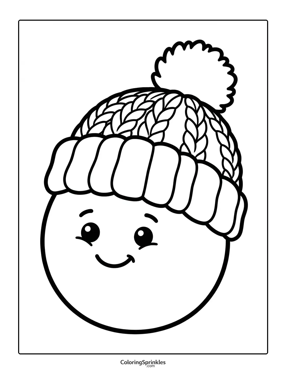 Coloring page of a smiling face wearing a winter hat with a pom pom