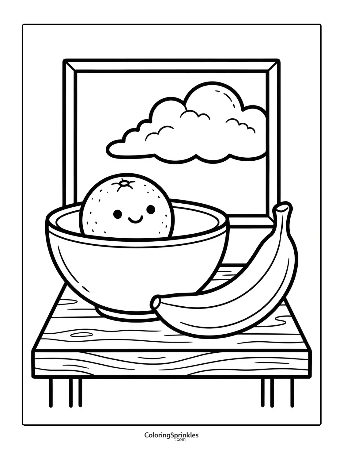 Coloring page of a smiling orange in a bowl with a banana on a table by a window with clouds