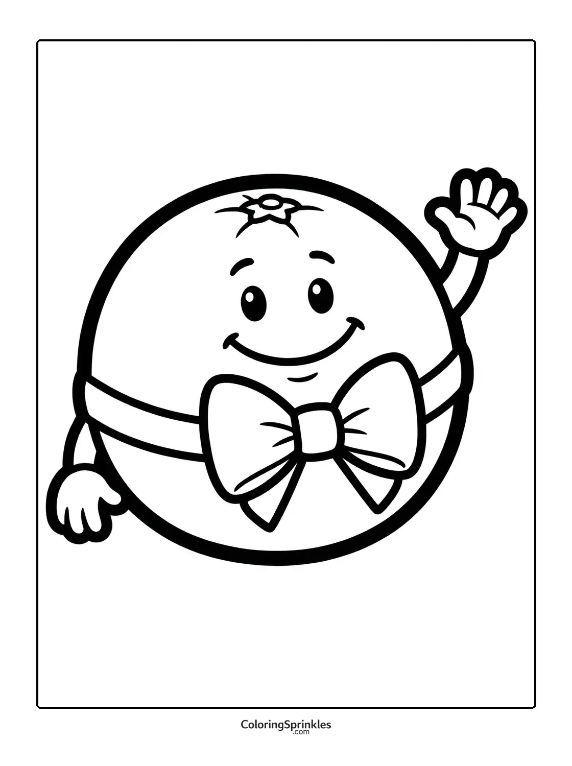 Coloring page of a smiling orange fruit waving with a bowtie