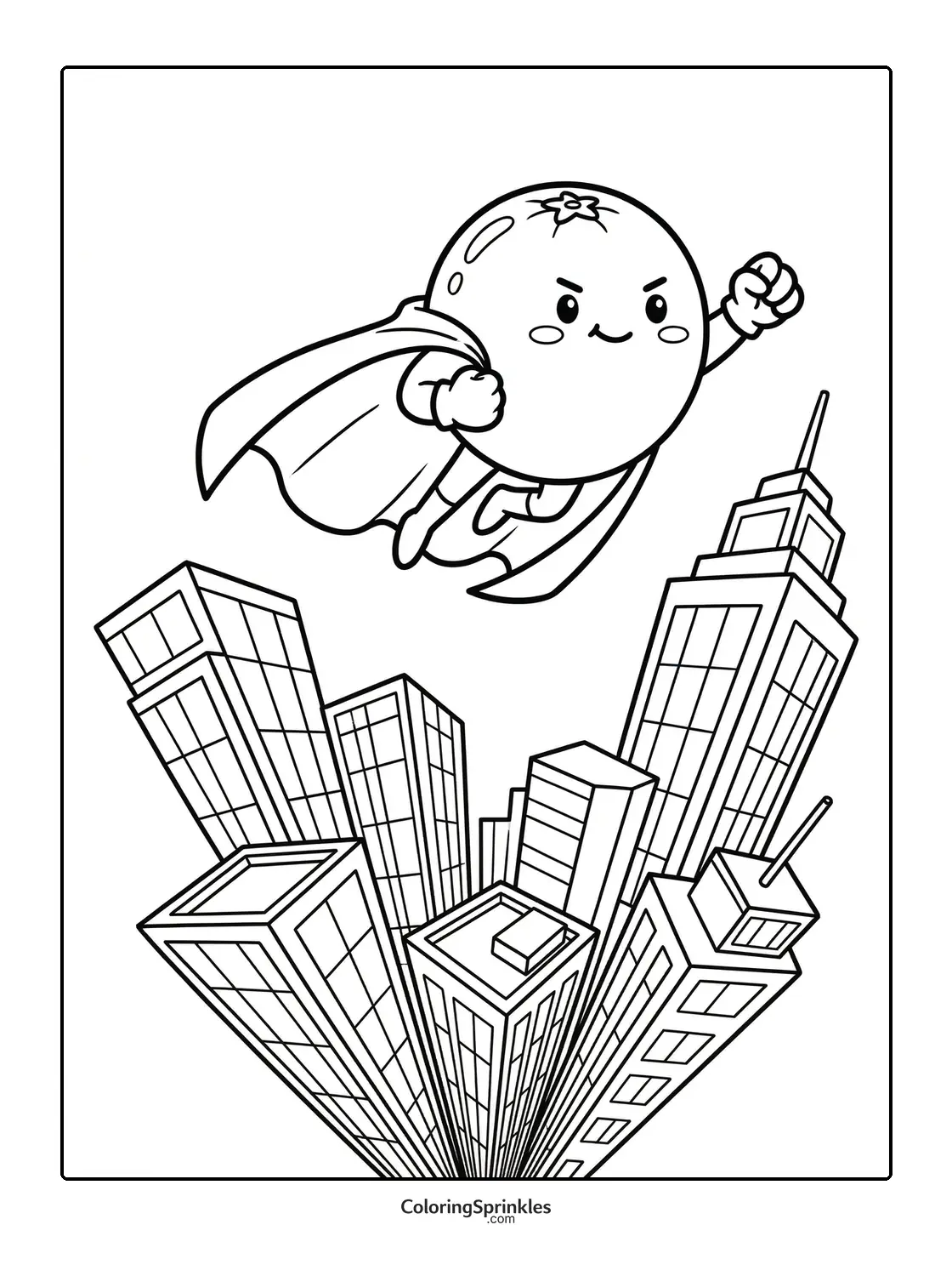 Coloring page of a superhero tomato flying over a cityscape