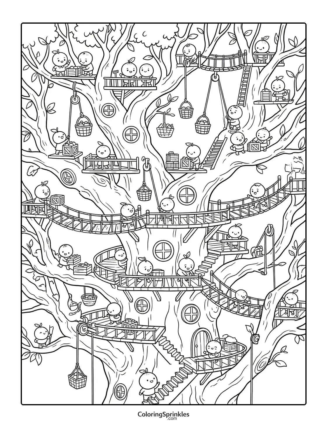 Coloring page of a large treehouse with characters carrying baskets and crates using ropes and bridges