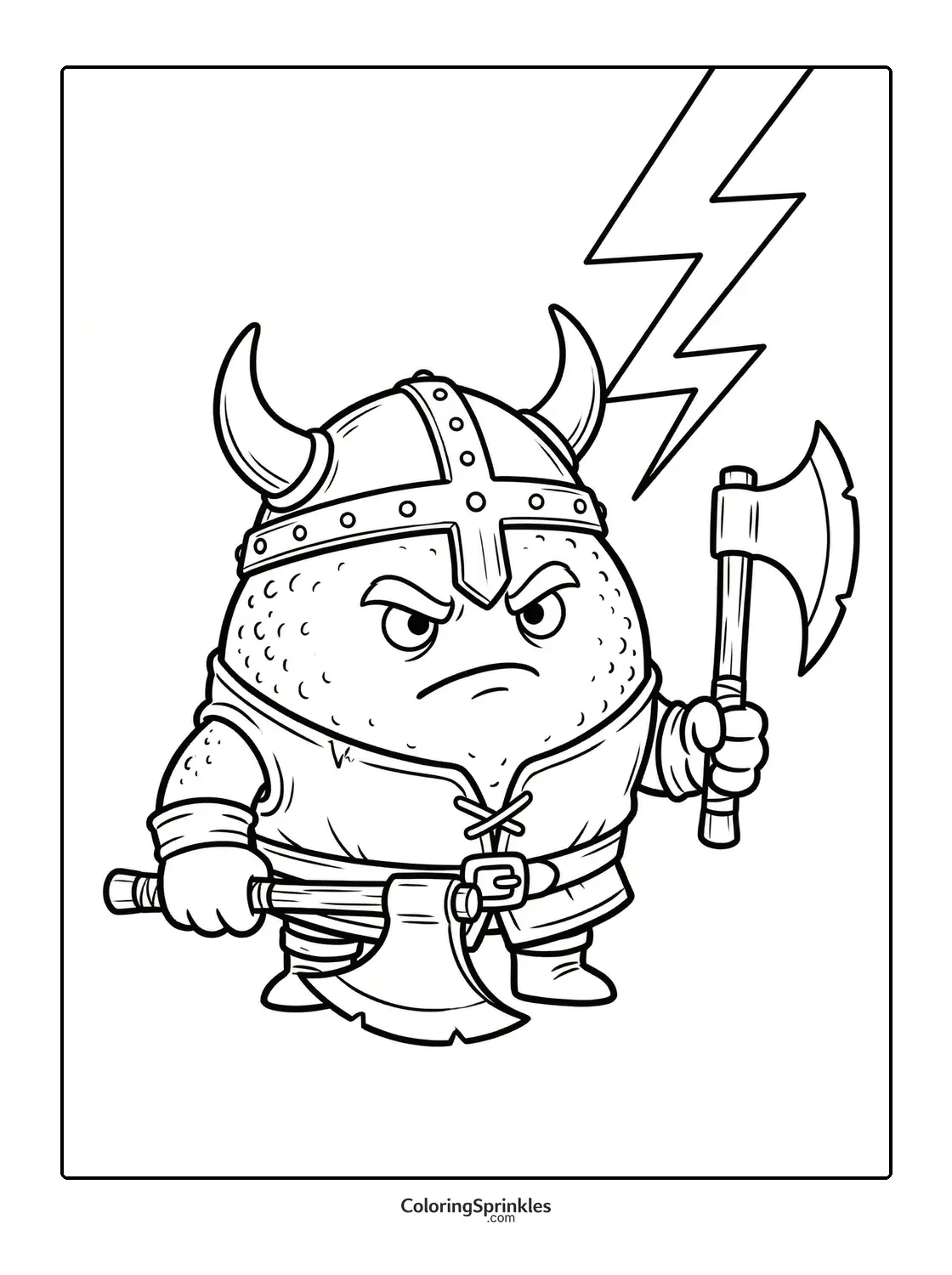 Coloring page of a fierce Viking with helmet and axes