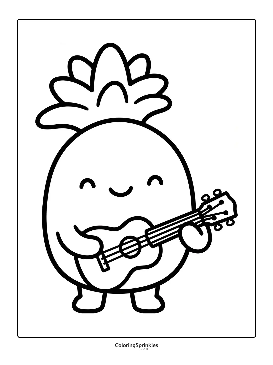 Coloring page of a cute pineapple playing a guitar