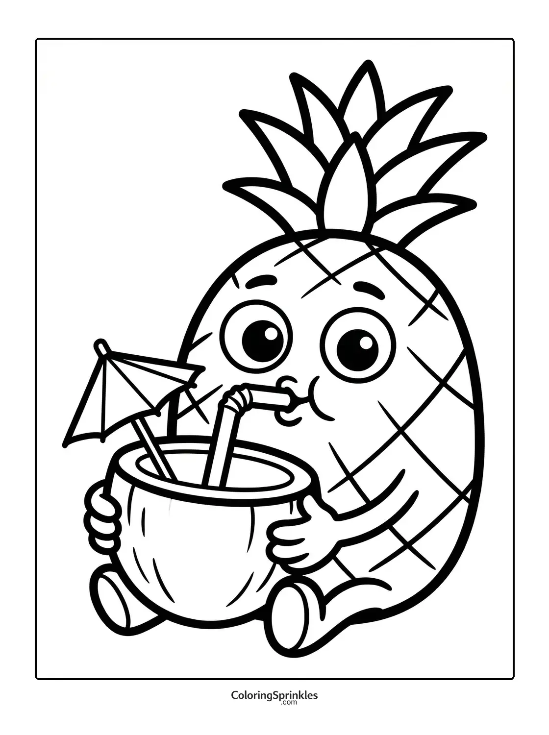 Coloring page of a cartoon pineapple drinking from a coconut with a straw and umbrella