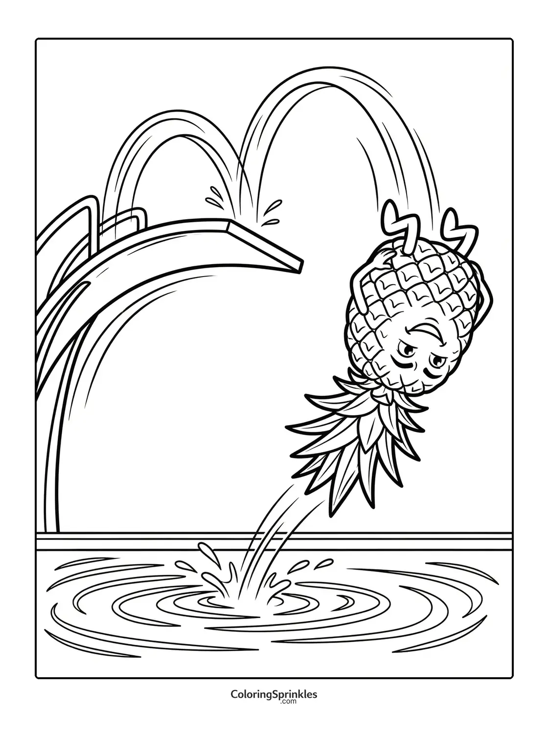 Coloring page of a pineapple diving into a pool with a splash
