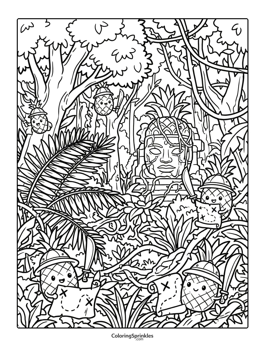 Coloring page of pineapple explorers in a jungle with an ancient temple