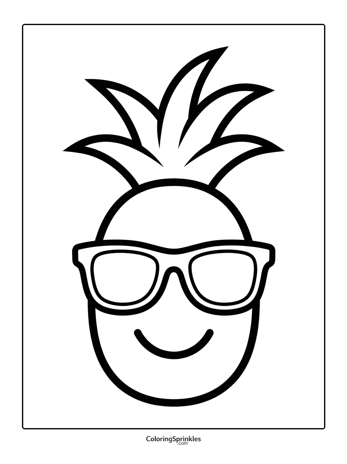 Coloring page of a pineapple face with sunglasses and a smile