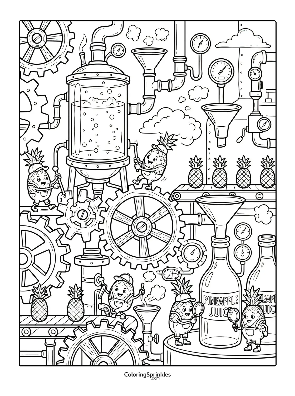 Coloring page of a pineapple factory with juice bottles and gears